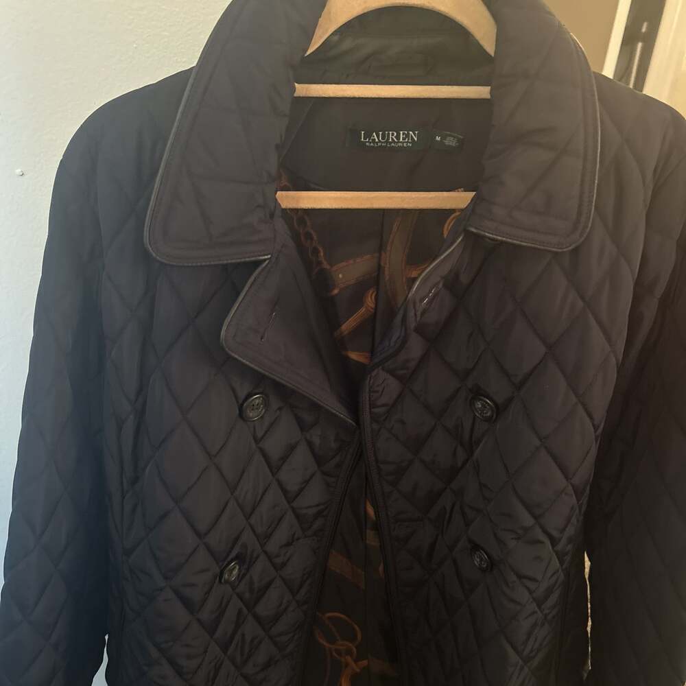 Lauren Ralph Lauren Women's Black Double Breasted Quilted Peacoat with Faux Leat